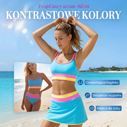 🔥🎁Nowość: 50% RABATU🔥🌼 Trzyczęściowy sportowy komplet bikini z nylonu w blokach kolorystycznych – wysoki stan z efektem wyszczuplającym brzuch 👙