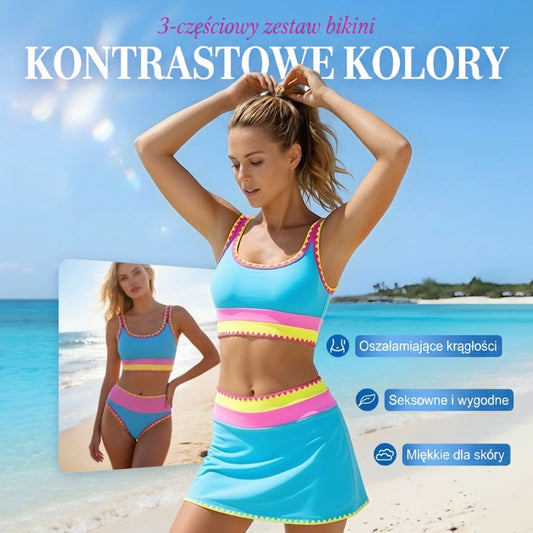🔥🎁Nowość: 50% RABATU🔥🌼 Trzyczęściowy sportowy komplet bikini z nylonu w blokach kolorystycznych – wysoki stan z efektem wyszczuplającym brzuch 👙