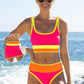 🔥🎁Nowość: 50% RABATU🔥🌼 Trzyczęściowy sportowy komplet bikini z nylonu w blokach kolorystycznych – wysoki stan z efektem wyszczuplającym brzuch 👙