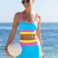 🔥🎁Nowość: 50% RABATU🔥🌼 Trzyczęściowy sportowy komplet bikini z nylonu w blokach kolorystycznych – wysoki stan z efektem wyszczuplającym brzuch 👙