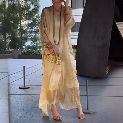 👗 Elegancka szyfonowa sukienka z marmurkowym nadrukiem