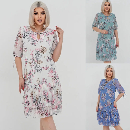 🌹Elegancka szyfonowa długa plisowana sukienka z krótkim rękawem