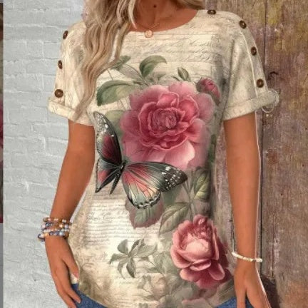 🔥👚Kobiety drukowane okrągłej szyi krótki rękaw Góra