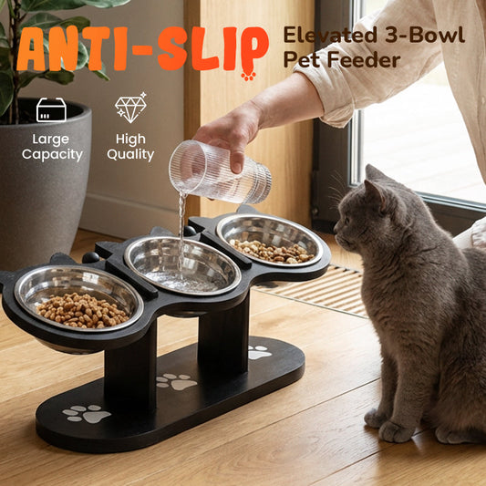 🐾Podwyższona miska dla kotów i psów z trzema miseczkami – antypoślizgowa i stabilna🥣🍽️✨