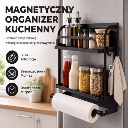 🧲 Uchwyt do montażu na ścianie lodówki bez użycia gwoździ | Magnetyczny stojak na przyprawy + półka – 2 w 1