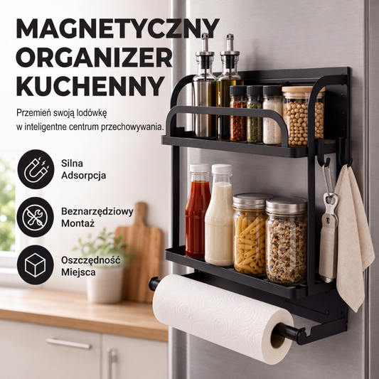 🧲 Uchwyt do montażu na ścianie lodówki bez użycia gwoździ | Magnetyczny stojak na przyprawy + półka – 2 w 1